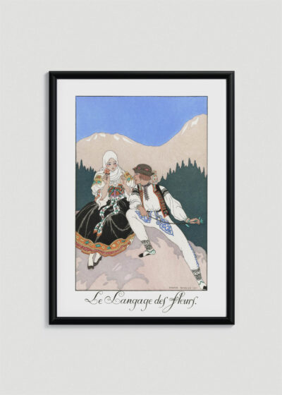 Plakat oprawiony w drewnianą brązową ramkę Vintage Italia: Górale Le Langage des Fleurs George Barbier Art Deco