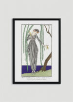Plakat oprawiony w drewnianą brązową ramkę Vintage Italia: Art Deco George Barbier szara suknia pod wierzbą płaczącą