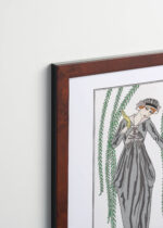 Aranżacja wnętrza, na ścianie wisi plakat w ramce: Art Deco George Barbier szara suknia pod wierzbą płaczącą