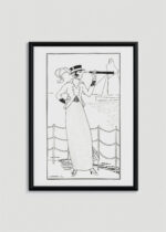 Plakat oprawiony w drewnianą brązową ramkę Vintage Italia: czarno-biały Art Deco dama z lunetą 1914 George Barbier