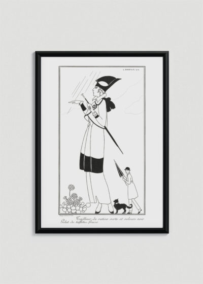 Plakat oprawiony w drewnianą brązową ramkę Vintage Italia: czarno-biały Art Deco kobieta w deszczu George Barbier 1914