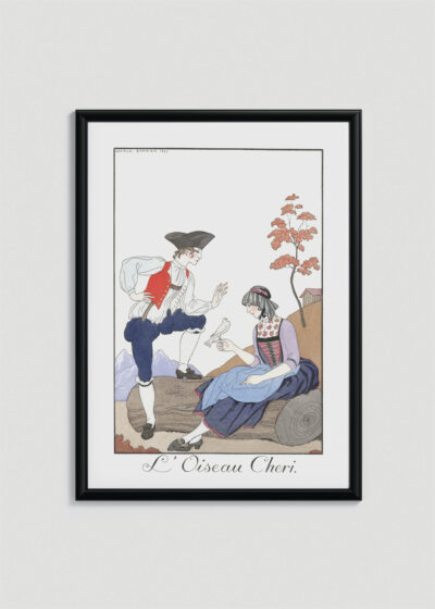 Plakat oprawiony w drewnianą brązową ramkę Vintage Italia: L'Oiseau Chéri Ukochany Ptak George Barbier Art Deco 1921