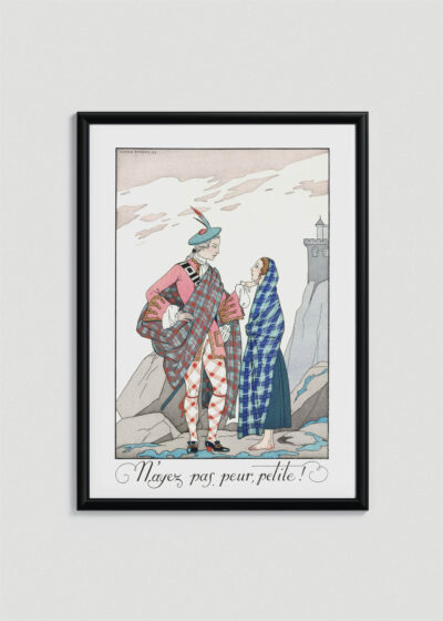 Plakat oprawiony w drewnianą brązową ramkę Vintage Italia: Art Deco George Barbier romantyczna scena pod zamkiem