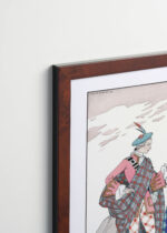 Aranżacja wnętrza, na ścianie wisi plakat w ramce: Art Deco George Barbier romantyczna scena pod zamkiem