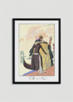 Plakat oprawiony w drewnianą brązową ramkę Vintage Italia: Art Deco Ona i On Elle et Lui George Barbier 1921 gondola