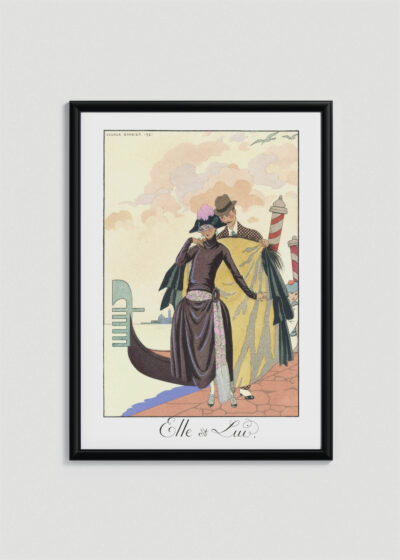 Plakat oprawiony w drewnianą brązową ramkę Vintage Italia: Art Deco Ona i On Elle et Lui George Barbier 1921 gondola