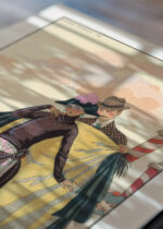 Widok z góry na cztery drewniane ramki, w jednej z nich oprawiony plakat Art Deco Ona i On Elle et Lui George Barbier 1921 gondola