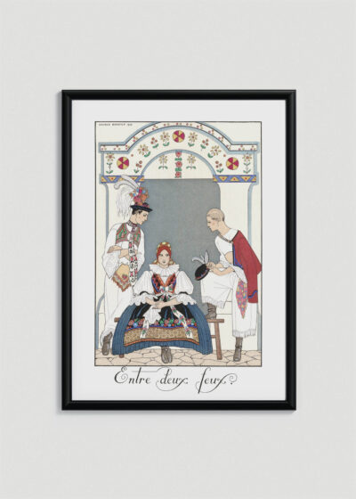 Plakat oprawiony w drewnianą brązową ramkę Vintage Italia: George Barbier Entre deux feux Art Deco 1922