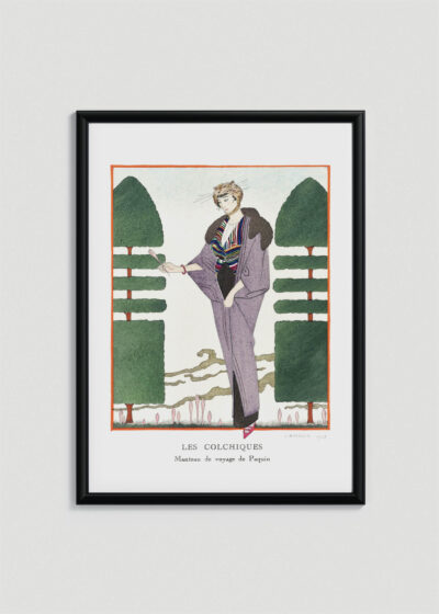 Plakat oprawiony w drewnianą brązową ramkę Vintage Italia: kwiat zimowit Les Colchiques George Barbier Art Deco 1913