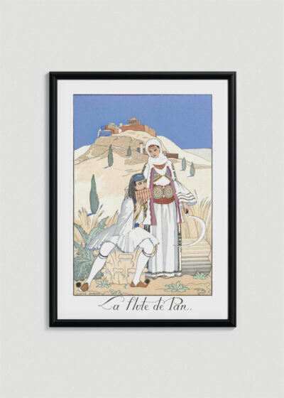 Plakat oprawiony w drewnianą brązową ramkę Vintage Italia: Fletnia Pana La Flûte de Pan George Barbier Art Deco Grecja Akropol