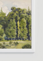 Zbliżenie na detale plakatu oprawionego w drewnianą białą ramkę od Plakatello®: Gustave Caillebotte pejzaż impresjonizm francuski