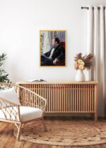 Aranżacja wnętrza, na ścianie wisi plakat w ramce: Portret mężczyzny 1880 Gustave Caillebotte impresjonizm