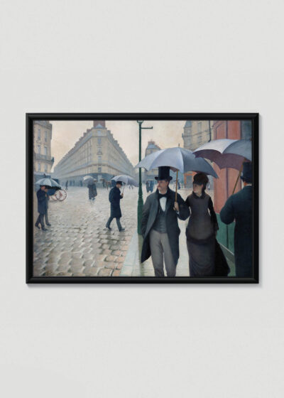 Plakat w drewnianej czarnej ramce: Paryska ulica w deszczowy dzień Gustave Caillebotte