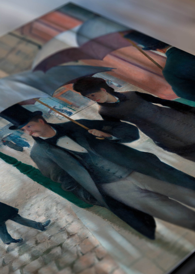Zbliżenie na detale plakatu: Paryska ulica w deszczowy dzień Gustave Caillebotte