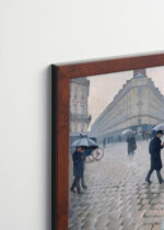Plakat oprawiony w drewnianą brązową ramkę Vintage Italia: Paryska ulica w deszczowy dzień Gustave Caillebotte