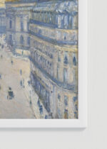Zbliżenie na detale plakatu oprawionego w drewnianą białą ramkę od Plakatello®: Rue Halévy Gustave Caillebotte impresjonizm Paryż