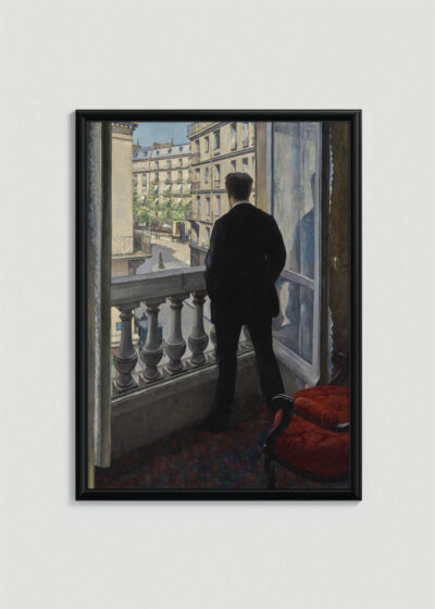 Plakat w drewnianej czarnej ramce: Młody człowiek przy oknie Gustave Caillebotte 1876