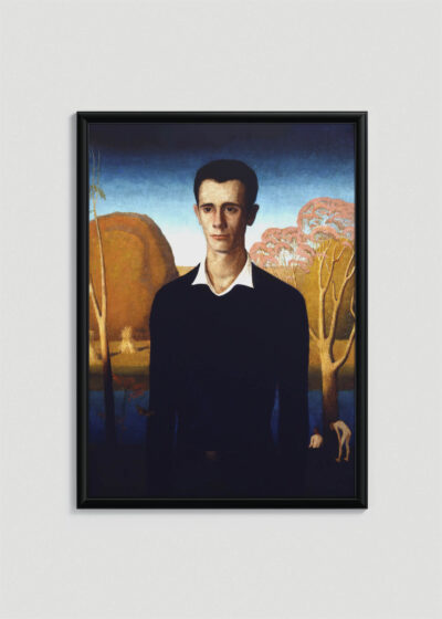 Plakat w drewnianej czarnej ramce: Grant Wood portret mężczyzny amerykański realizm