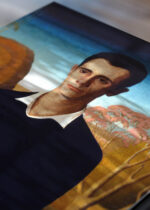Zbliżenie na detale plakatu: Grant Wood portret mężczyzny amerykański realizm