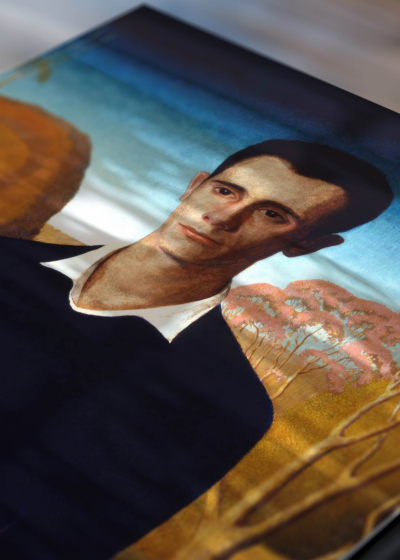 Zbliżenie na detale plakatu: Grant Wood portret mężczyzny amerykański realizm