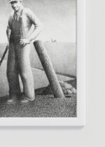 Zbliżenie na detale plakatu oprawionego w drewnianą białą ramkę od Plakatello®: Młody kukurydziarz Grant Wood amerykański farmer