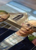 Zbliżenie na detale plakatu: American Gothic Grant Wood słynny obraz USA