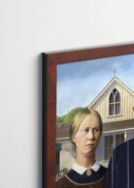 Plakat oprawiony w drewnianą brązową ramkę Vintage Italia: American Gothic Grant Wood słynny obraz USA