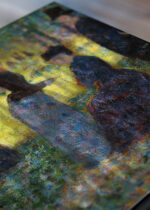 Zbliżenie na detale plakatu: Georges Seurat pointylizm wiejski krajobraz vintage