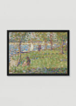 Plakat w drewnianej czarnej ramce: Seurat pointylizm pejzaż rzeka żagiel reprint