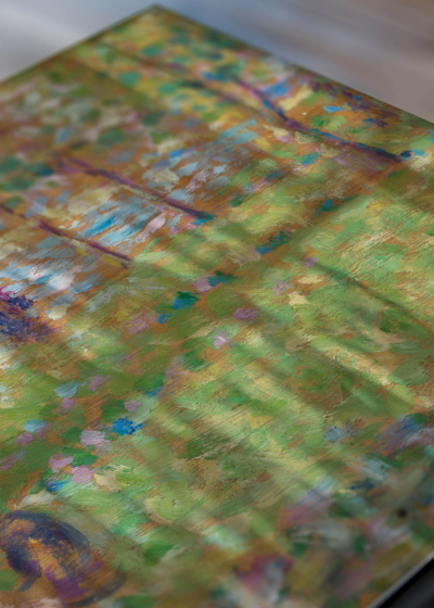 Zbliżenie na detale plakatu: Seurat pointylizm pejzaż rzeka żagiel reprint