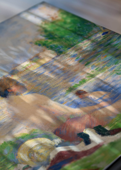 Zbliżenie na detale plakatu: Seurat kąpielisko Seine pointylizm neoimpresjnizm