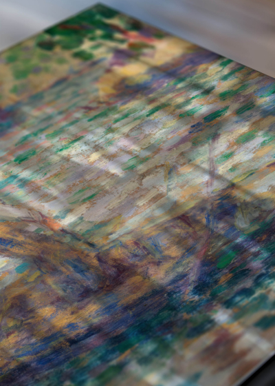 Zbliżenie na detale plakatu: Seurat rybak pointylizm neoimprejonizm repro