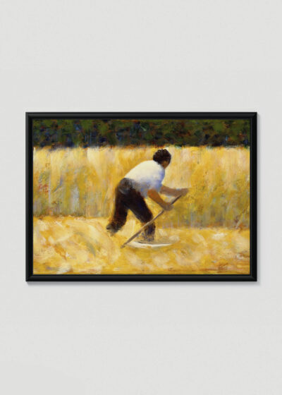 Plakat w drewnianej czarnej ramce: Georges Seurat kosiarz w zbożu neoimpresjoniozm