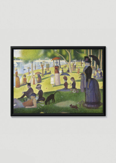 Plakat w drewnianej czarnej ramce: Niedzielne popołudnie na wyspie Grande Jatte Seurat