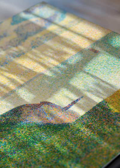 Zbliżenie na detale plakatu: Georges Seurat pejzaż nadmorski neoimpresjonizm