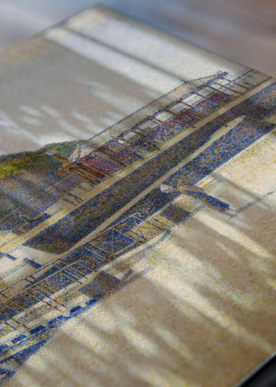 Zbliżenie na detale plakatu: Georges Seurat pointylizm nadmorski krajobraz port