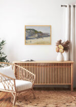 Aranżacja wnętrza, na ścianie wisi plakat w ramce: Georges Seurat pointylizm nadmorski krajobraz port