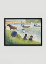 Plakat w drewnianej czarnej ramce: Georges Seurat scena nad rzeką pointylizm XIX w. koń łódki