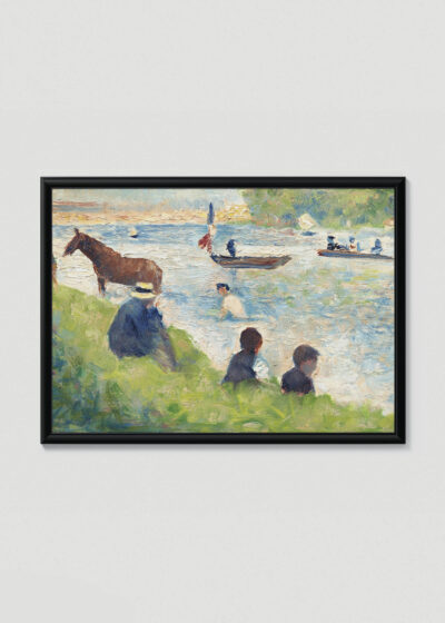 Plakat w drewnianej czarnej ramce: Georges Seurat scena nad rzeką pointylizm XIX w. koń łódki