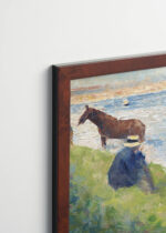 Plakat oprawiony w drewnianą brązową ramkę Vintage Italia: Georges Seurat scena nad rzeką pointylizm XIX w. koń łódki