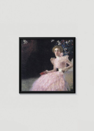 Plakat w drewnianej czarnej ramce: Gustav Klimt portret kobiety w różowej sukni