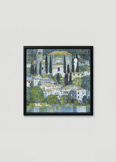 Plakat w drewnianej czarnej ramce: Kościół w Cassone Gustav Klimt 1913 jezioro Garda we Włoszech