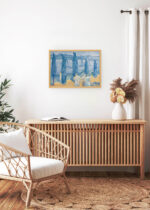 Aranżacja wnętrza, na ścianie wisi plakat w ramce: Henri-Edmond Cross pointylizm Morze Śródziemne