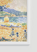 Zbliżenie na detale plakatu oprawionego w drewnianą białą ramkę od Plakatello®: Henri-Edmond Cross pointylizm morze neoimpresjonsizm