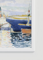 Zbliżenie na detale plakatu oprawionego w drewnianą białą ramkę od Plakatello®: Henri-Edmond Cross port śródziemnomorski pointylizm