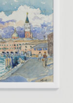 Zbliżenie na detale plakatu oprawionego w drewnianą białą ramkę od Plakatello®: Wenecka Laguna Henri-Edmond Cross pointylizm