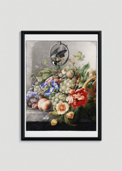 Plakat w drewnianej czarnej ramce: Herman Henstenburg kwiaty owoce barok XVII wiek