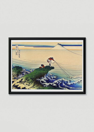 Plakat w drewnianej czarnej ramce: rybacy Koshu Kajikazawa Hokusai Fuji japoński
