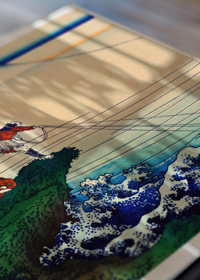 Zbliżenie na detale plakatu: rybacy Koshu Kajikazawa Hokusai Fuji japoński