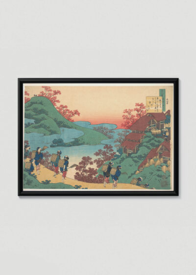 Plakat w drewnianej czarnej ramce: Hokusai japońska sztuka ukiyo-e góry wędrowcy
